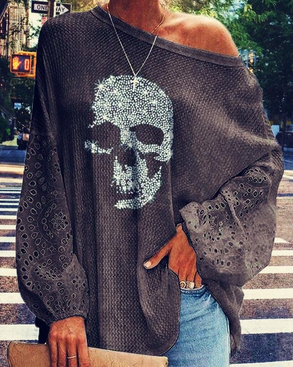 Skull Print Loose Long Sleeve T-shirt - Chicaggo