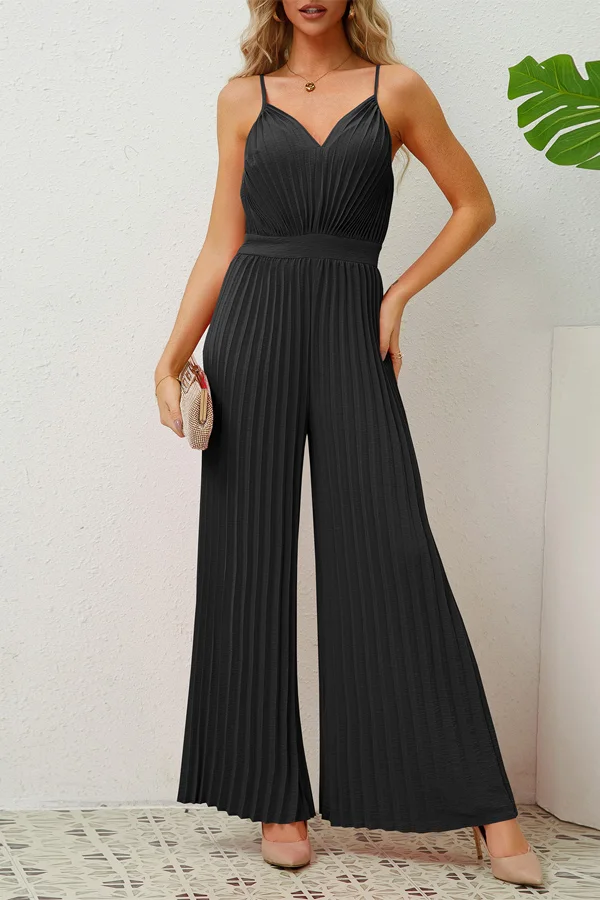 Solid V-Neck Pleated Jumpsuit