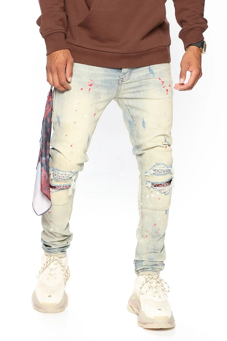 Act Right Paint Splatter Skinny Jeans - Medium Wash