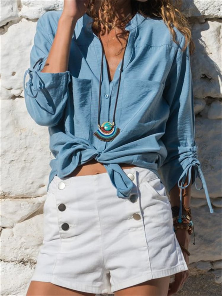 Drawstring Sleeve Patch Pocket Casual Blouse