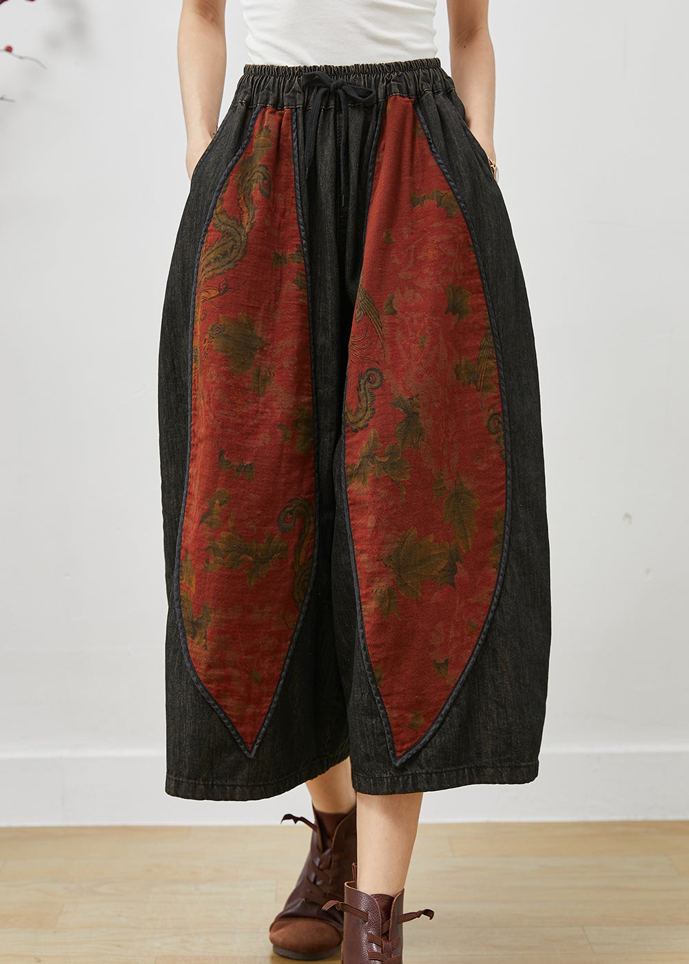Apple Embroidered Wide Denim Pants