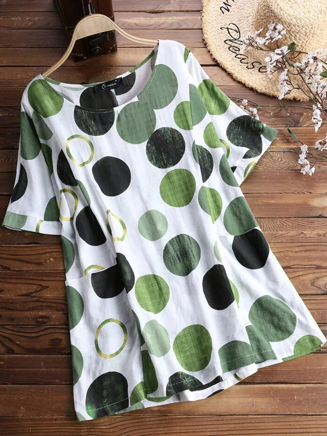 Green Casual Polka Dots Floral-Print Shirts & Tops Zaesvini