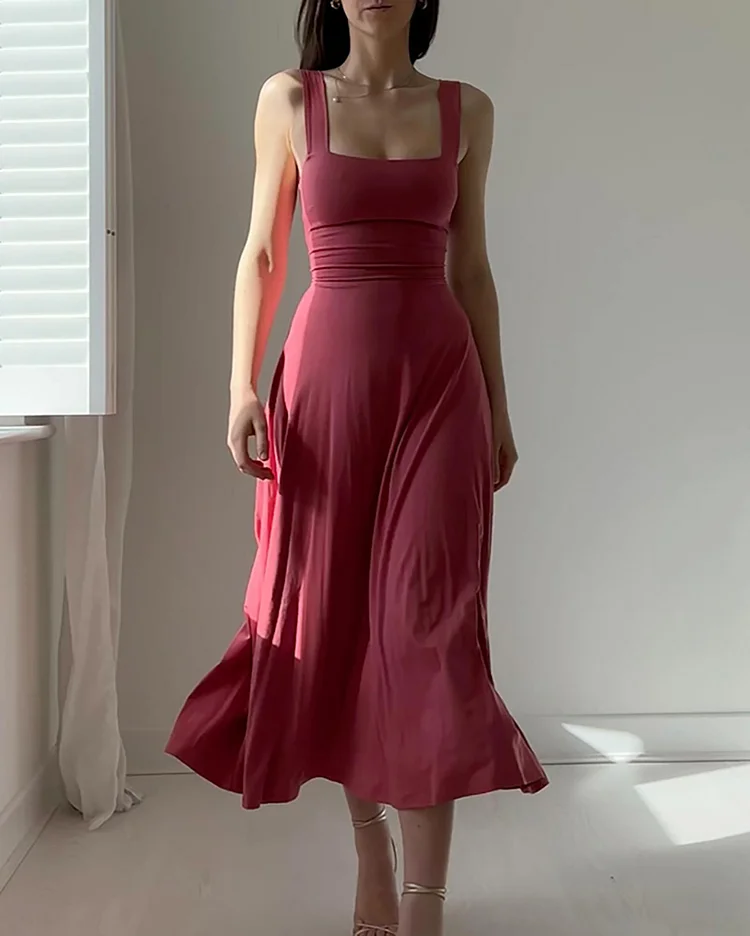 Elegant Strappy Solid Color Dress