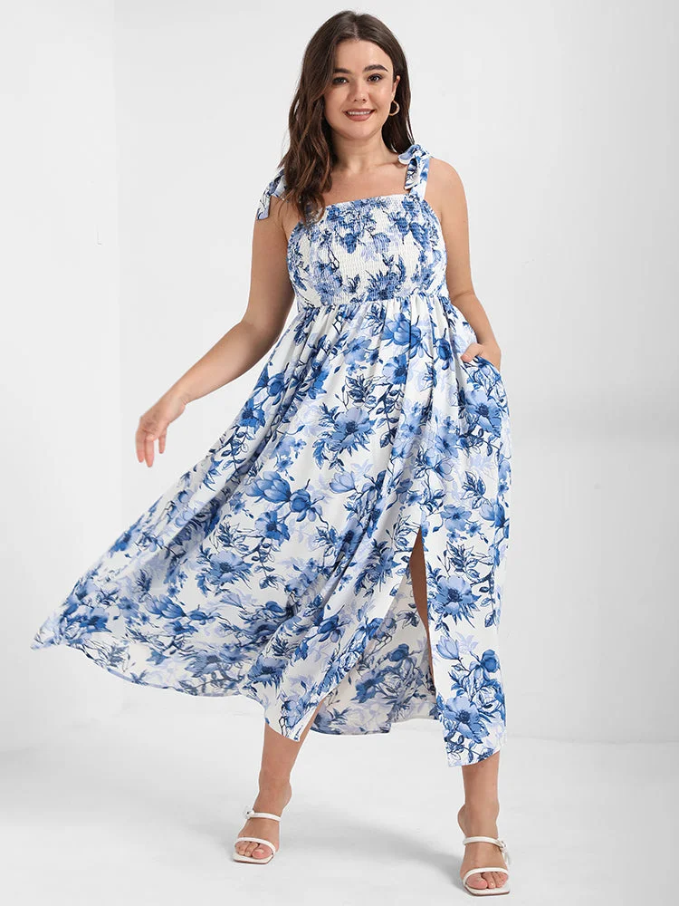 Floral Shirred Ruffle Split Pocket Ties Cami Dress