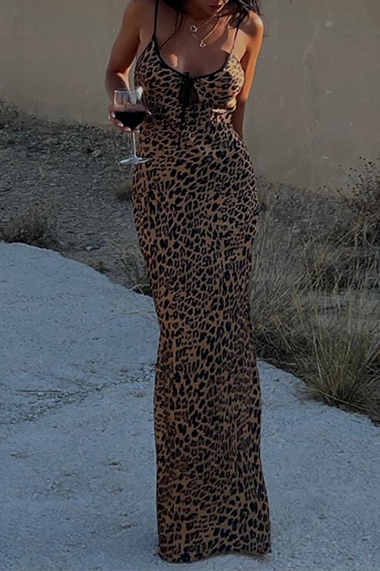 Leopard Print Tie Up Slim Fit Maxi Strappy Dresses-Brown