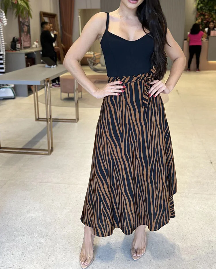 Fashion Suspender Top Printed Long Skirt Suit
