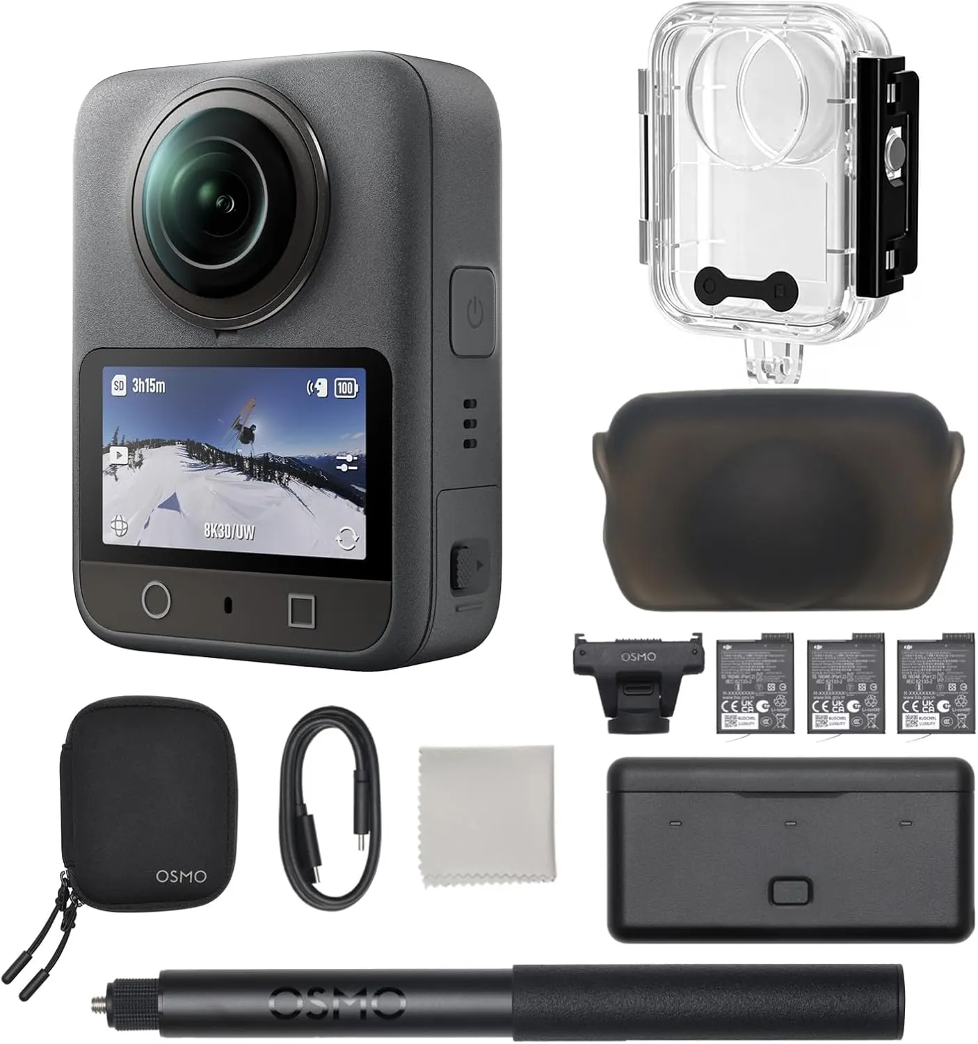 DJI Osmo 360 Camera Invisible Dive Case Adventure Combo, Extended Battery Life with 3 Batteries, 1.2m Invisible Selfie Stick Kit, Native 360° Video, 105GB Built-in Storage, 100-Min 8K Recording