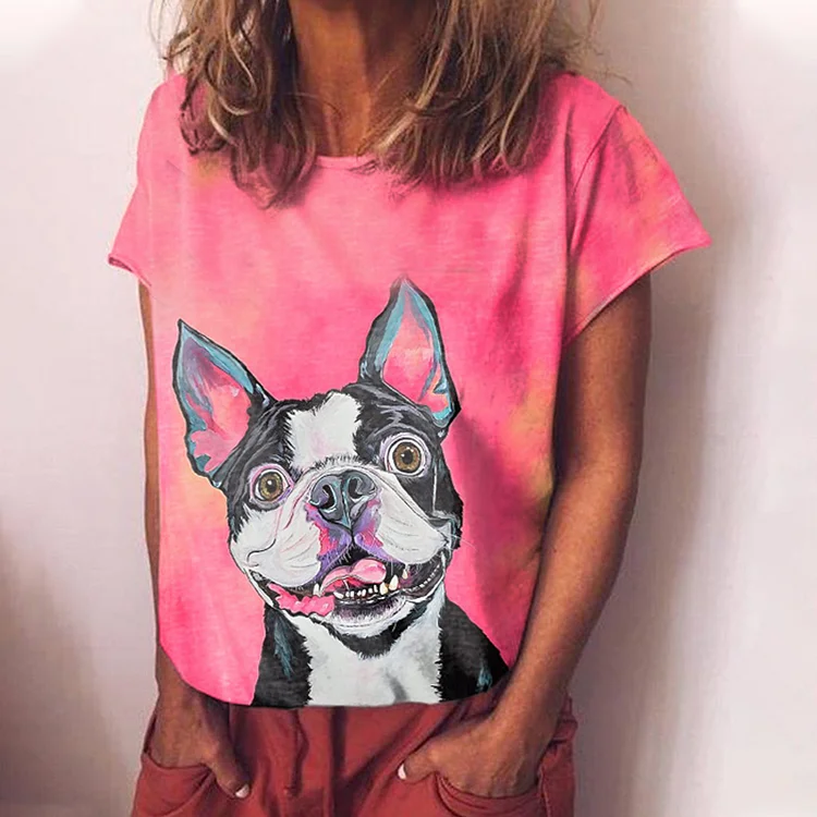 Casual Crew Neck Dog Print T-Shirt