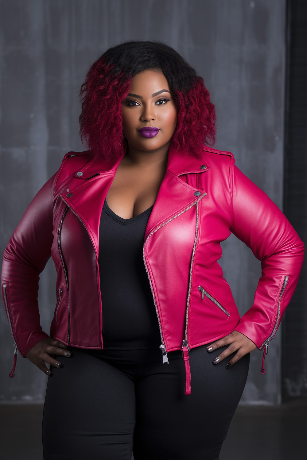 Xpluswear Design Plus Size Daily Pink Long Sleeve Zipper PU Leather Jacket Outwear Xpluswear