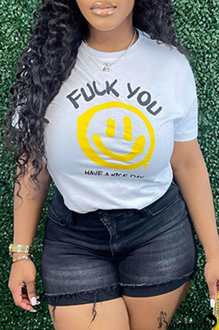 White Fashion Casual Print Basic O Neck T-Shirts