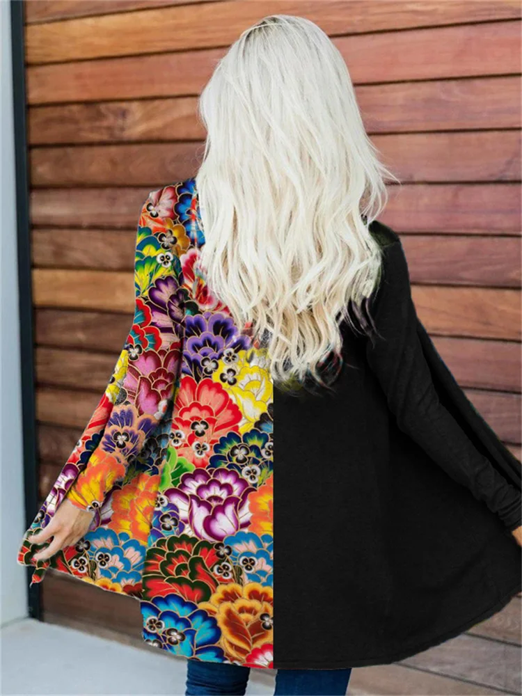 Vefave Mexican Flowers Art Contrast Color Cardigan