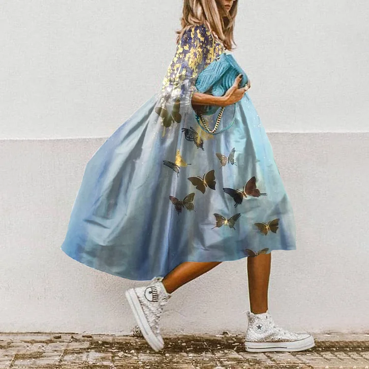 Vefave Gradient Metallic Butterfly Print Midi Dress