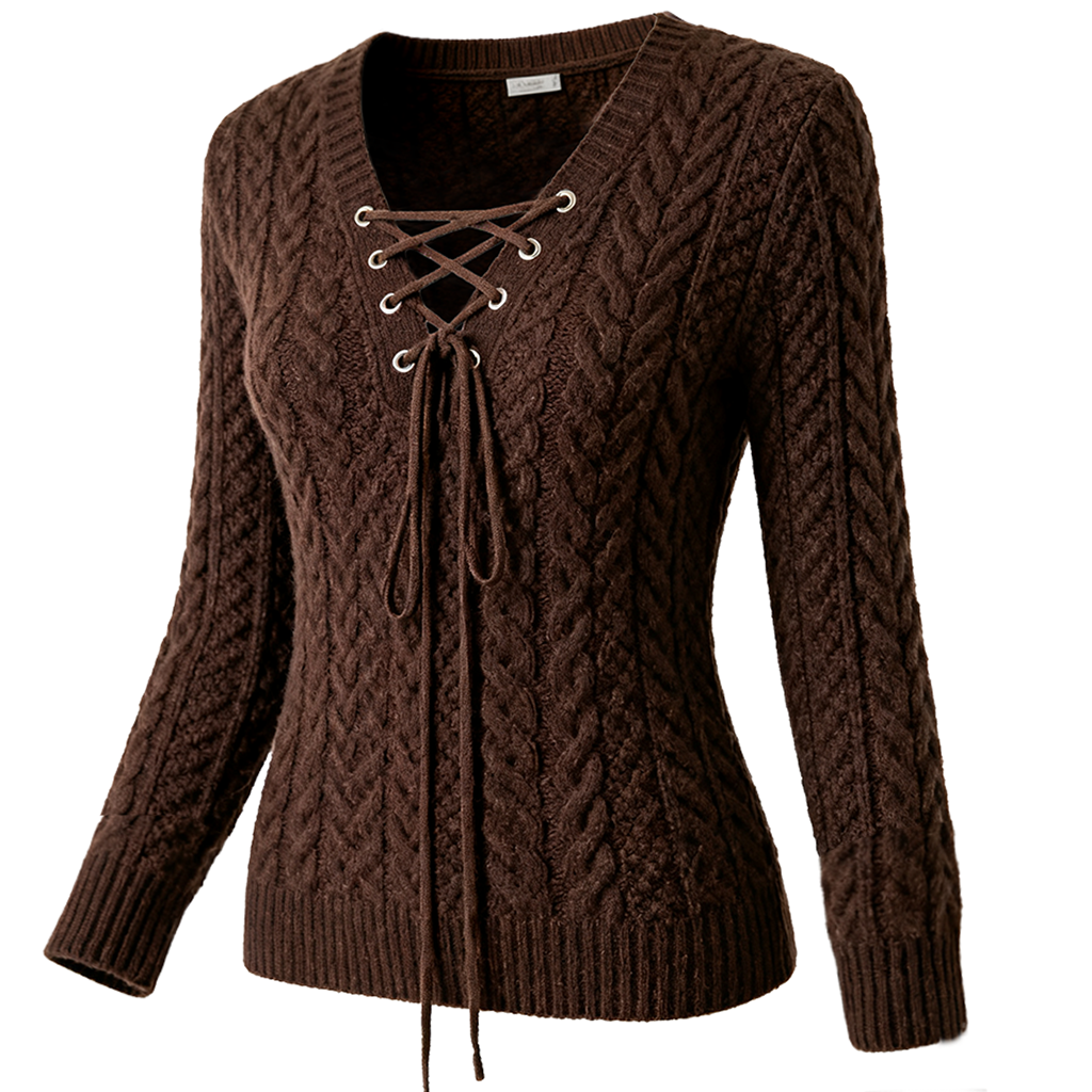 Women's Vintage Cable Knit Sweater With Lace-Up Front Brown