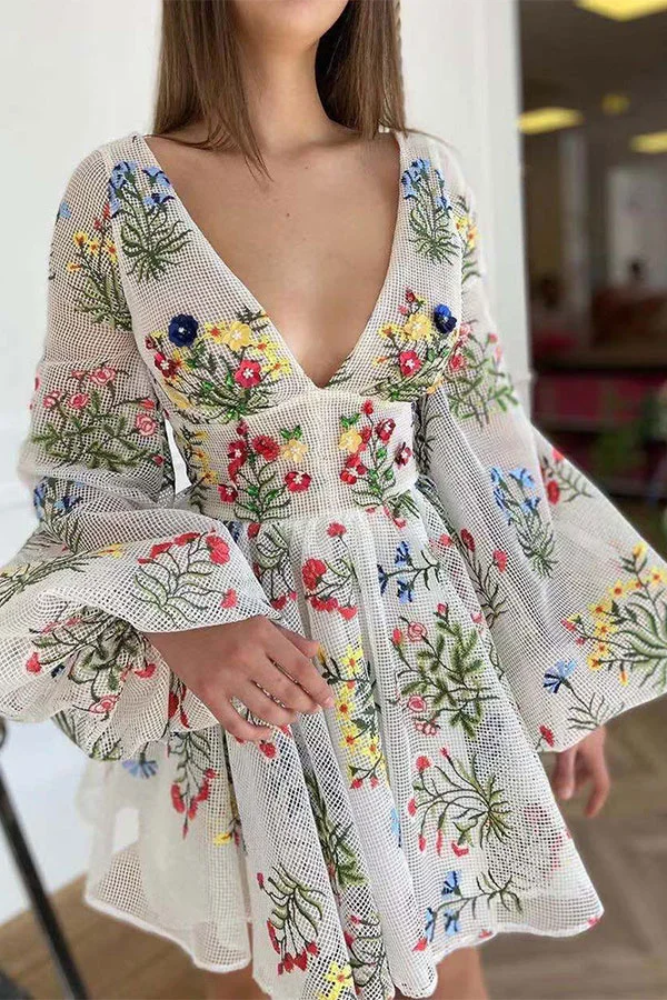 Floral Embroidery Puff Sleeve Sophisticated A-Line Mini Dress