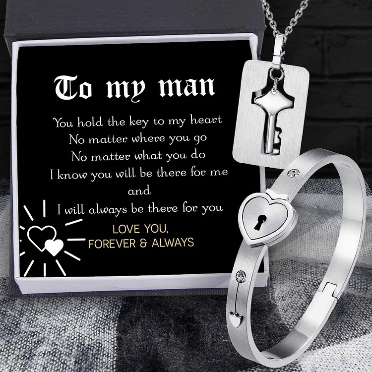 To My Man Key to My Heart Couple Key Necklace and Love Lock Bracelet Gift Set