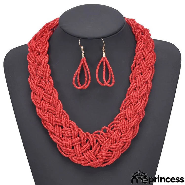 Women Fashion Exaggerated Boho Handmade Braided Rice Beads Necklace Earrings Two-Piece Set