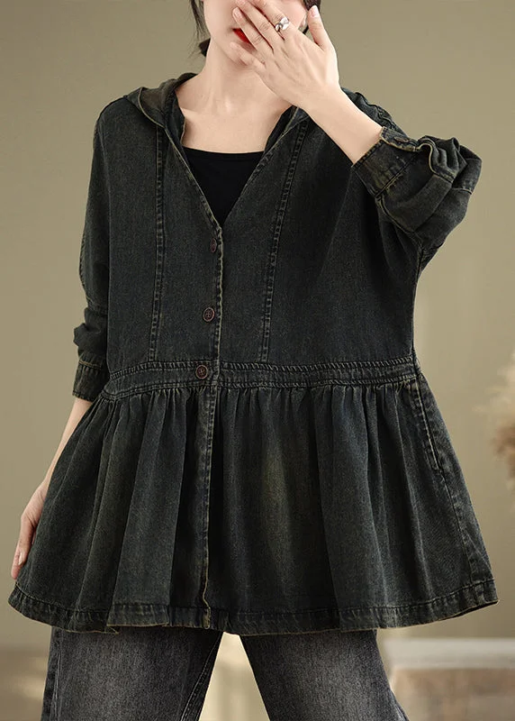 Vintage Black V Neck Wrinkled Pockets Hooded Denim Coats Fall
