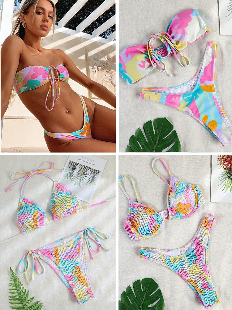 Sexy Triangle Bikini Set String Bikinis Patchwork Swimwear Push Up