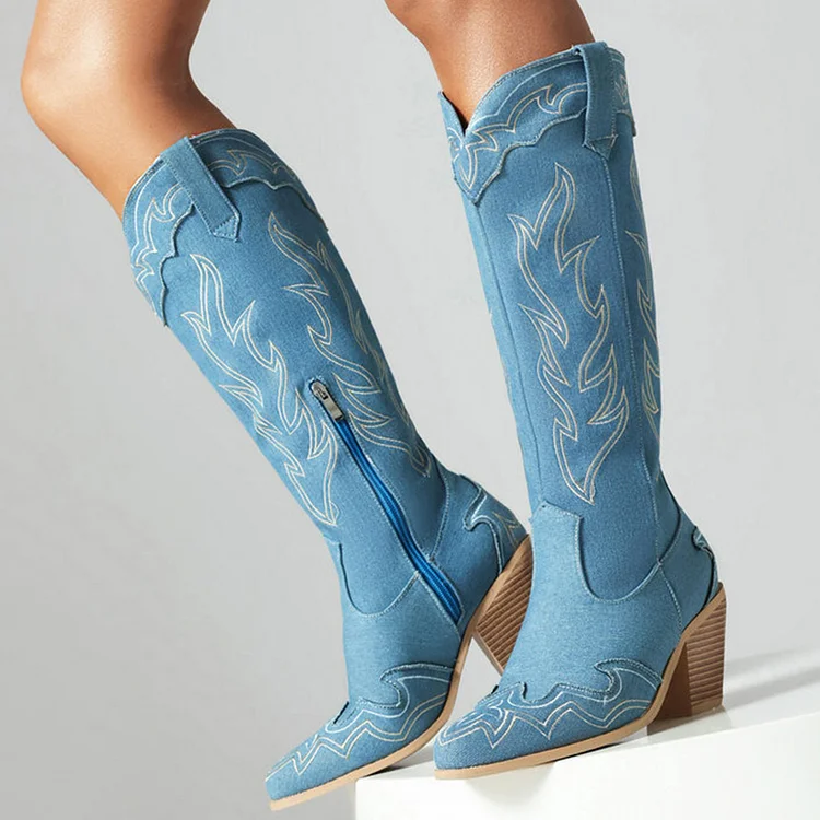 Pattern Embroidery Stitching Half Zip Chunky Heels Western Boots