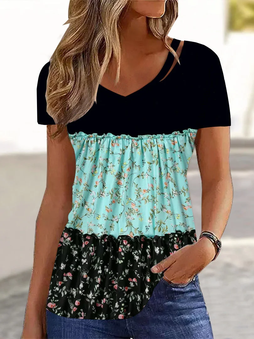 Women's Short Sleeve V-Neck Graphic Floral Printed Top