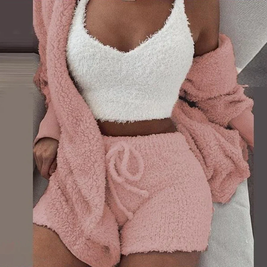 😍Women's Sexy Warm Fuzzy Fleece 3 Piece Outfits Pajamas, Cozy Knit Set 3-Piece, Open Front Hooded Cardigan Top Shorts