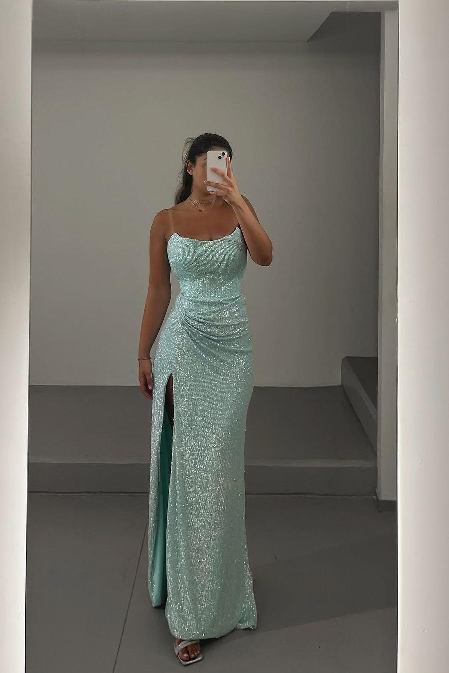 Lussooy Sleeveless Shinning Mint Sequins Long Pleated Prom Dress with Split