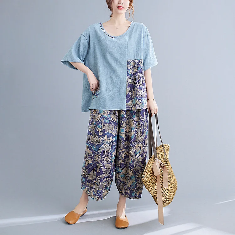 Vintage Patch Short Sleeve T-Shirt And Cropped Pants Suit