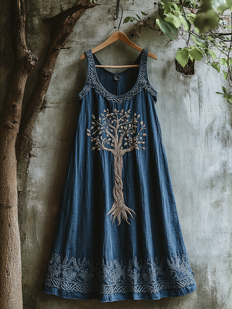 Retro Viking Tree Of Life Print Vintage V-Neck Sleeveless Lace Patch Dress main image 1