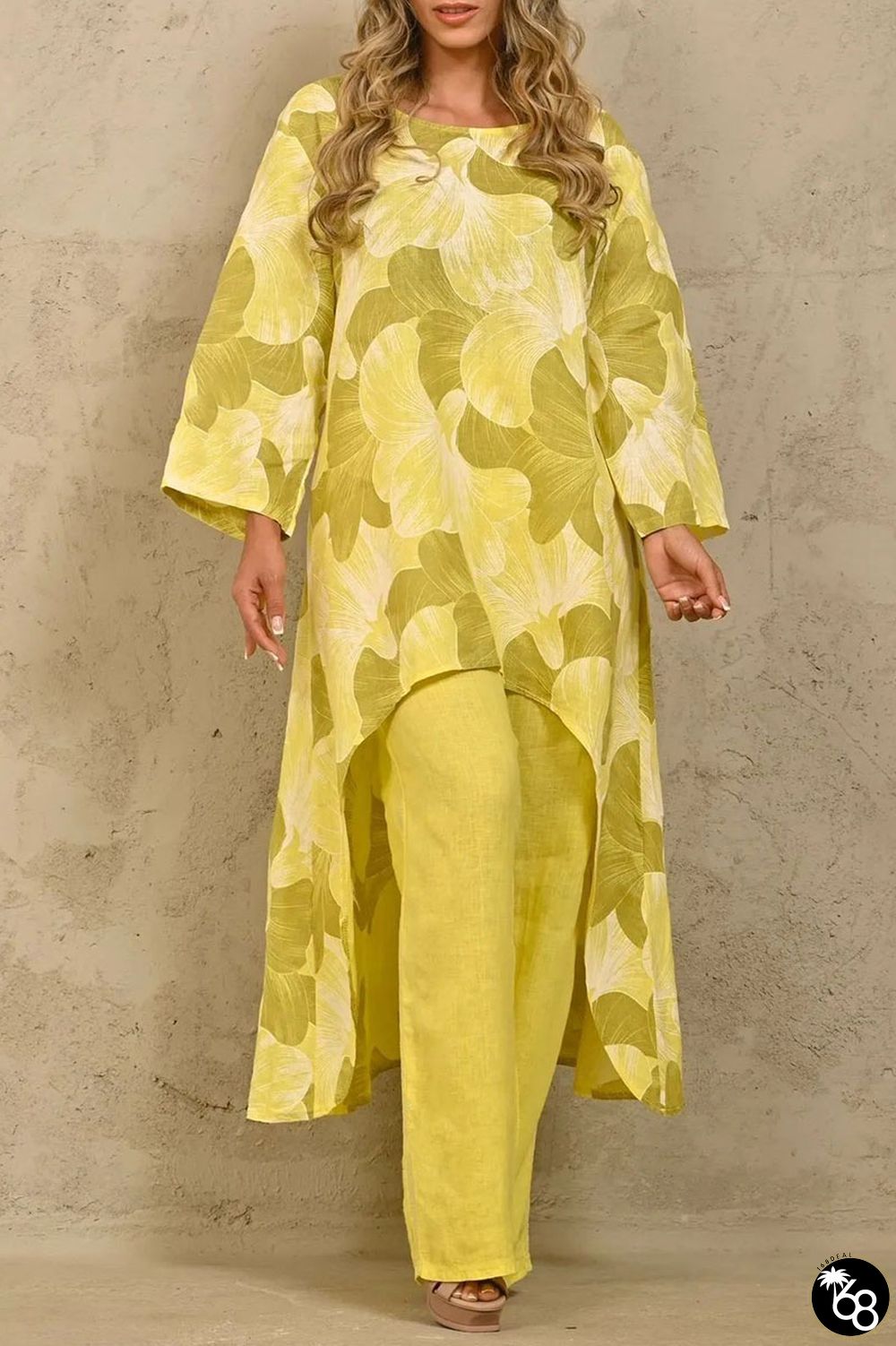 Yellow Casual Print Basic O Neck Long Sleeve Two Pieces | 168DEAL