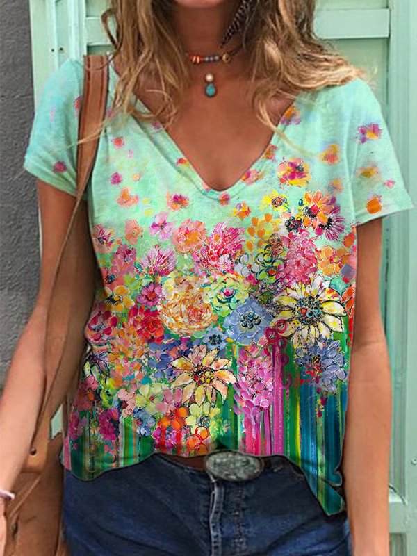 VChics Spring Flowers Art Painting V Neck T Shirt
