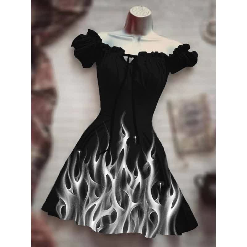 Flame Skeleton Print Off The Shoulder Puff Sleeve Dress