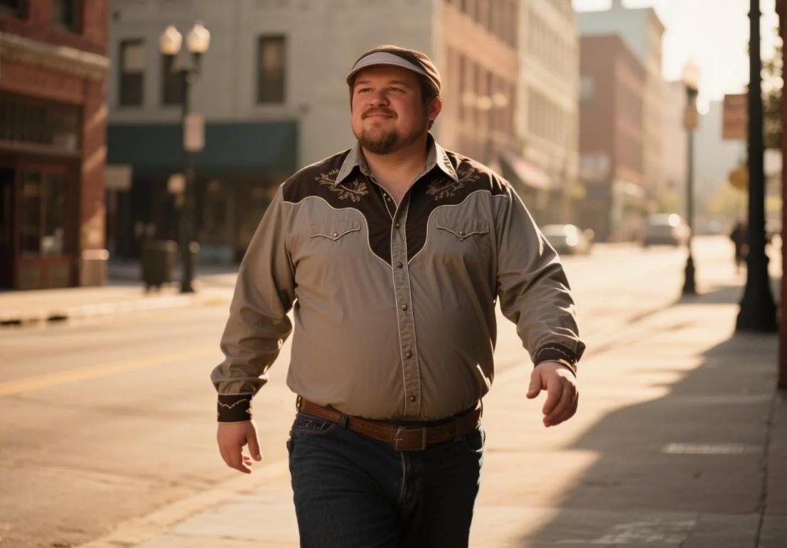A big man tucks his Western shirts