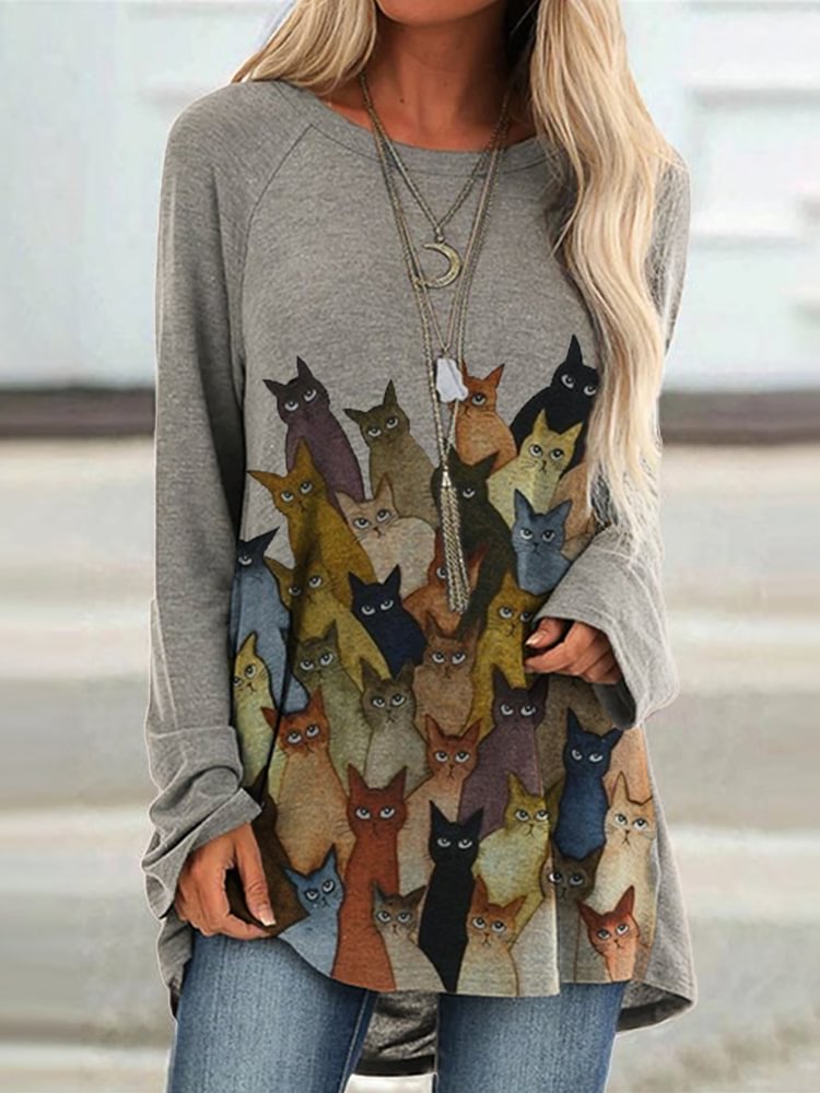 Vefave Lovely Cats Print Long T Shirt