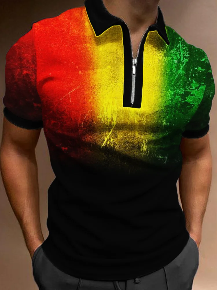 Men's Rasta Gradient Reggae Lover Zip Up Polo Shirt