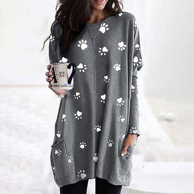 Vefave Dog Paw Print Crew Neck Pocket Casual Tunic