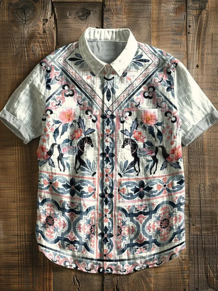 Ethnic Tribe Geometry Splicing Patterns Watercolor Vintage Art Print Casual 100% Cotton Shirt