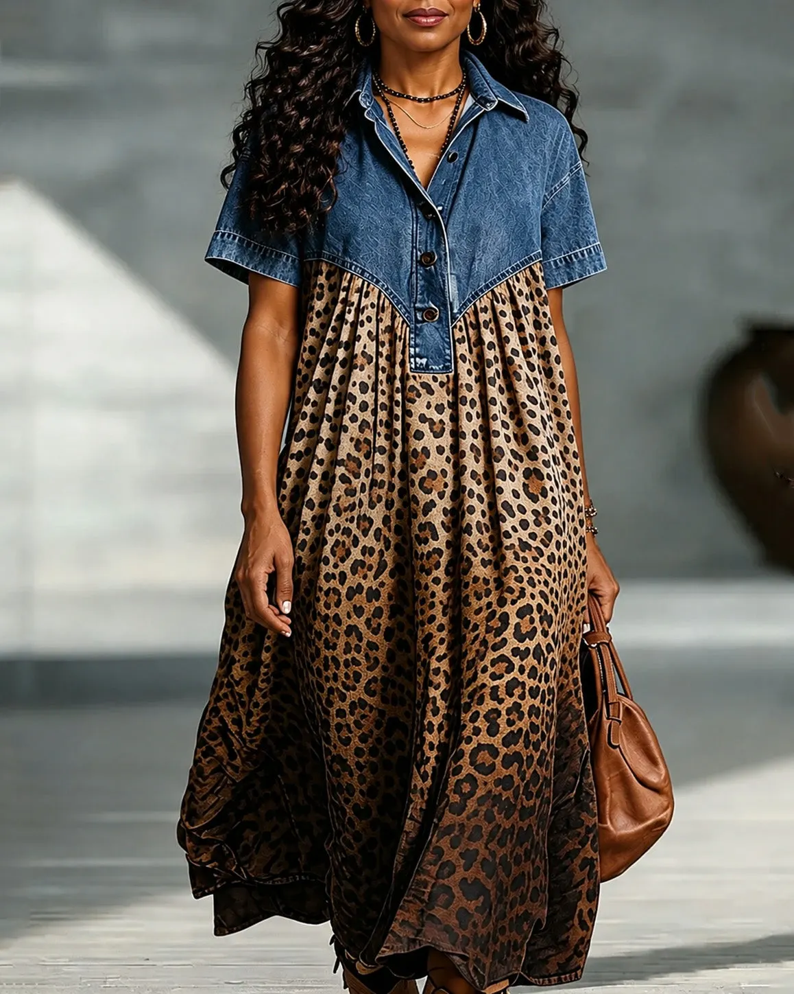 leopard denim shirt dress Women's Spliced Gradient Print Midi Ganni leopard Everweave Linen Tiered Wrap VM: Bridesmaid Light Blue Size:IO 5 | UK 16-18 | EU 44-46 | US 12-14