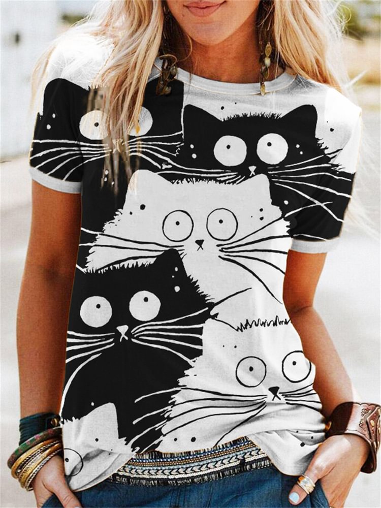 Vefave Lovely Crowded Cats Contrast Art T Shirt