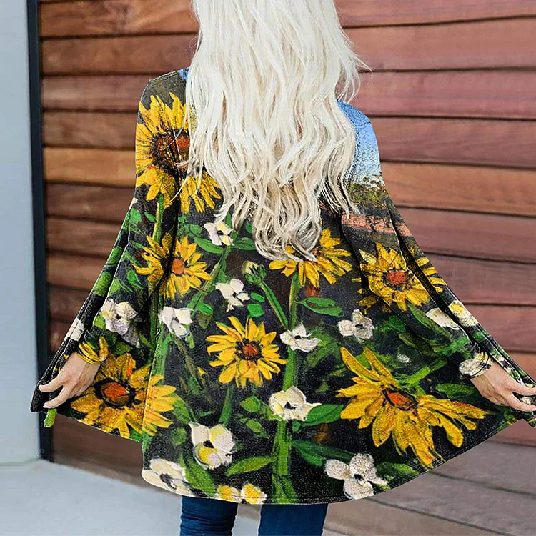 Vefave Oil Painting Sunflower Long Sleeve Cardigan