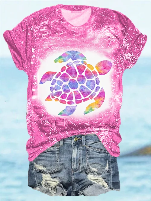 Comstylish Women's Water Color Sea Turtle Bleach Print Tee