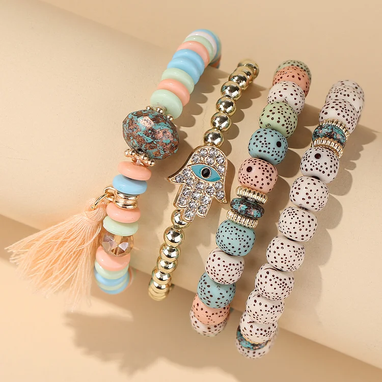 4pcs Women's Boho Style Tassel Bracelets Mixed Color Beaded Bracelet Girls Ladies Holiday Jewelry Gifts
