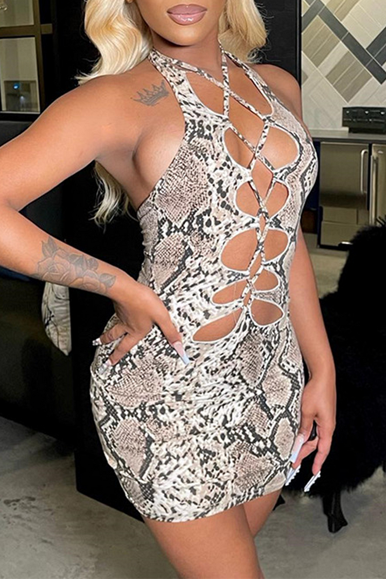 Snake Print Sexy Animal Print Patchwork Halter Pencil Skirt Dresses