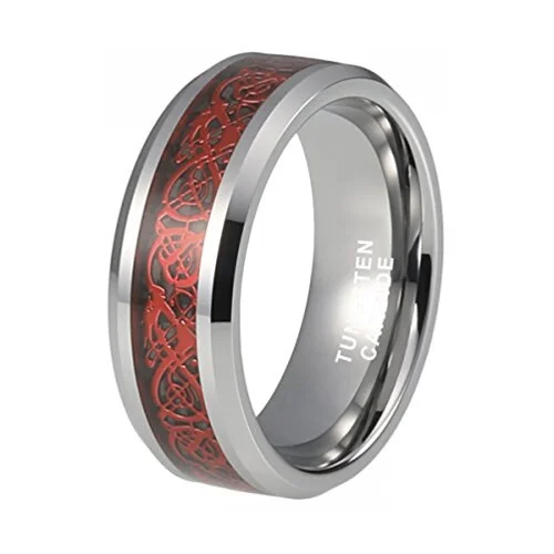 Women's or Men's Tungsten Celtic Dragon Knot Silver Rings,Tungsten Carbide Wedding Band Celtic Dragon Knot Ring With Red And Black Resin Inlay With Mens And Womens For 4mm 6mm 8mm 10mm