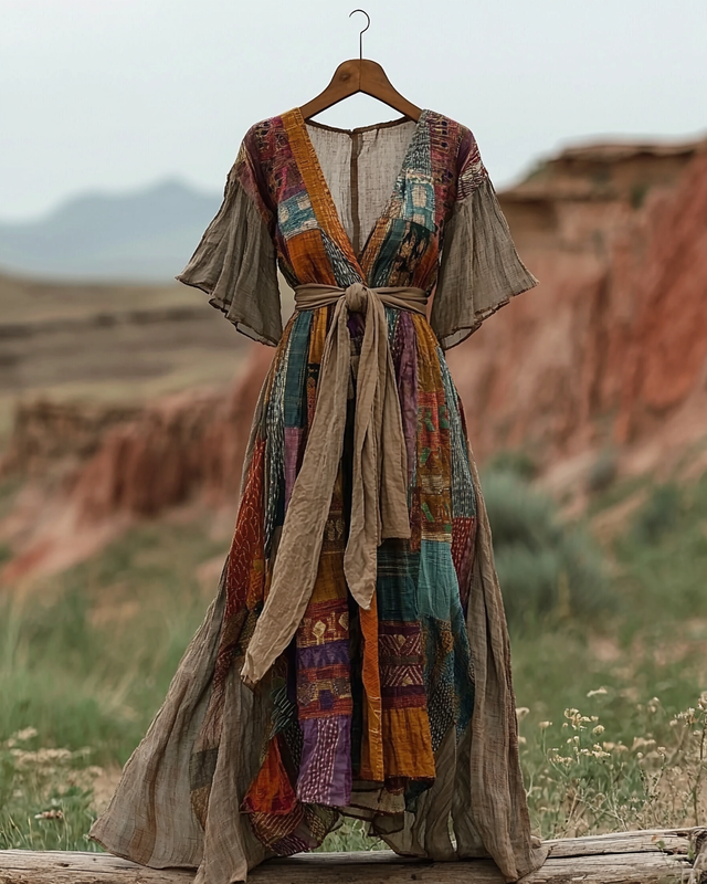Bohemian Pink Print Patchwork Chiffon Long Holiday Dress Summer WW020 main image 0
