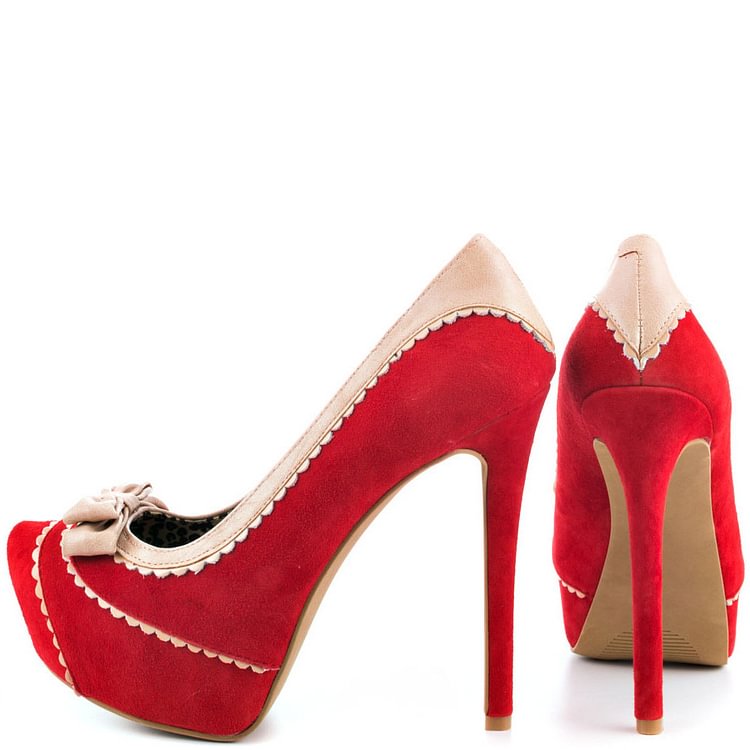 Women's Red Bow Leopard Stiletto Pumps Platform Heels |FSJ Shoes