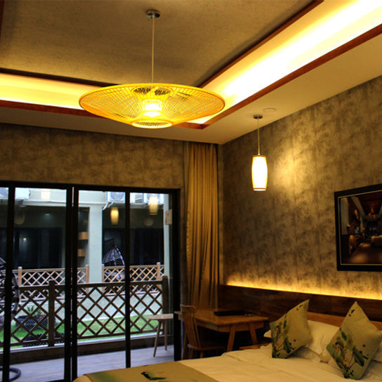 Traditional Vintage Woven Tatami Round Rattan Bamboo 1-Light Pendant Light For Living Room