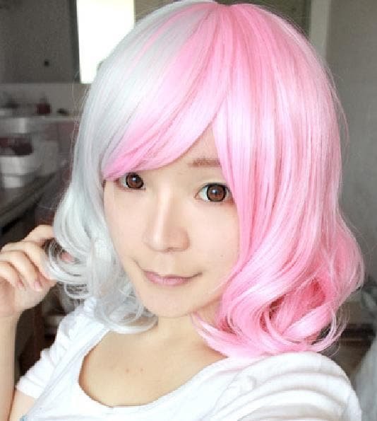 Danganronpa Monomi Pink/White Short Curly Cosplay Wig SP141181