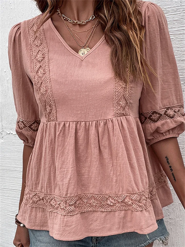 Summer Solid Color New Loose Type V-neck Casual Pleated Set Head Women's Pink Cotton Linen Casual Wind Short-sleeved Shirt Female-JRSEE