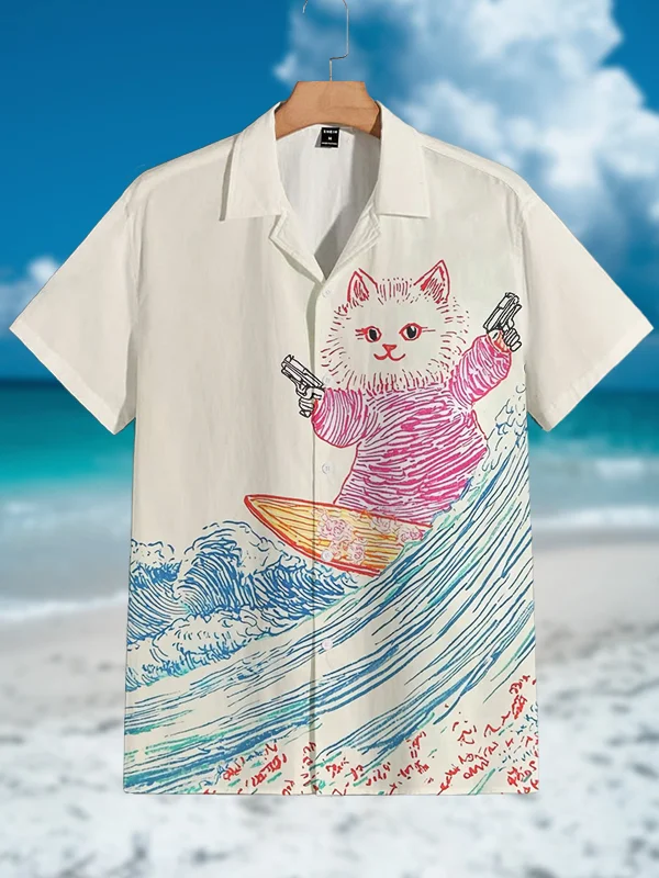 Men's Interesting Cat Surfing Line Art Print Vacation Shirt