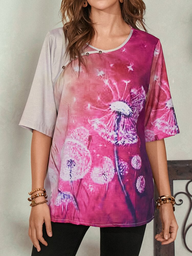 Floral Print O neck Button Half Sleeve T shirt For Women P1805966